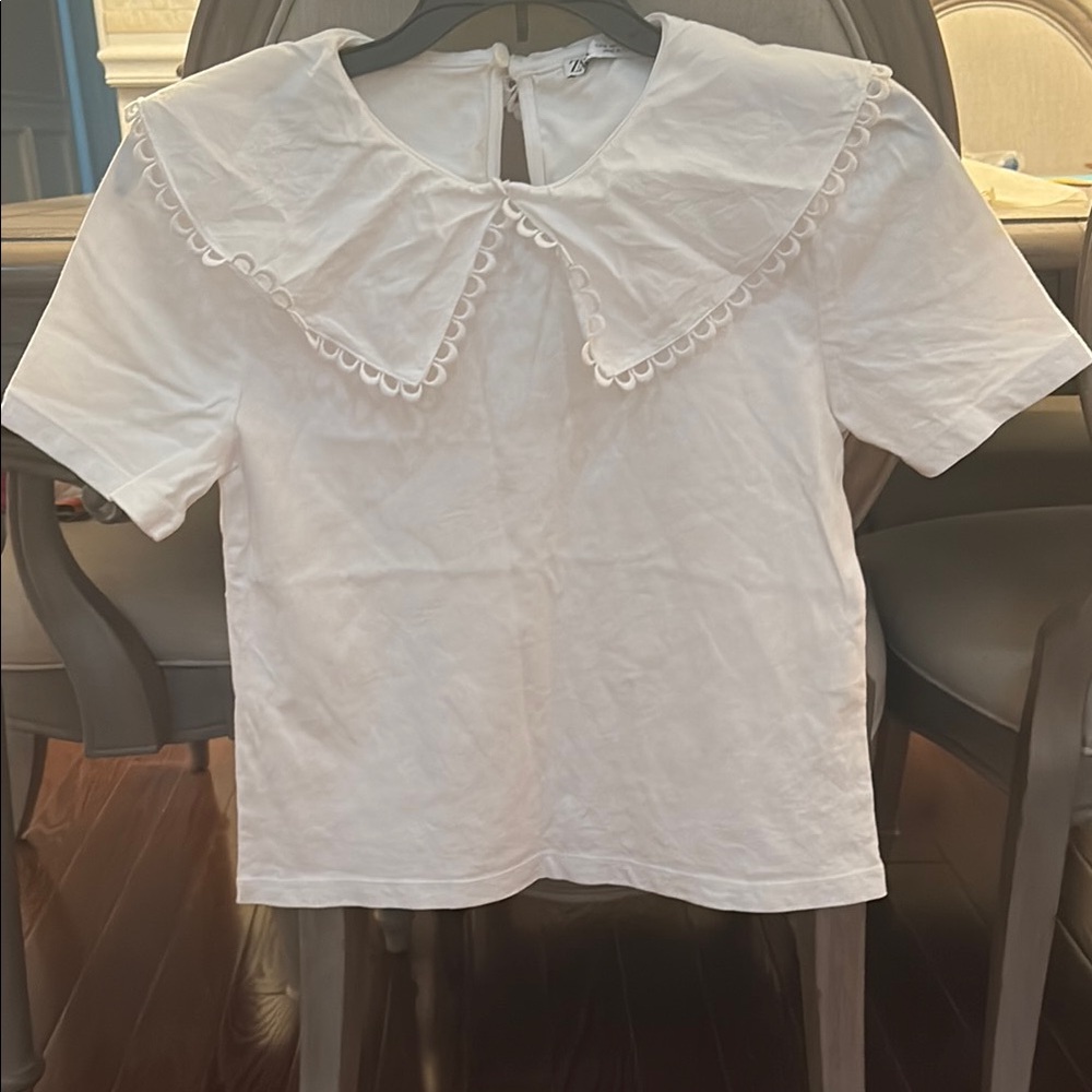 Zara White Short Sleeve Top with Scalloped Collar